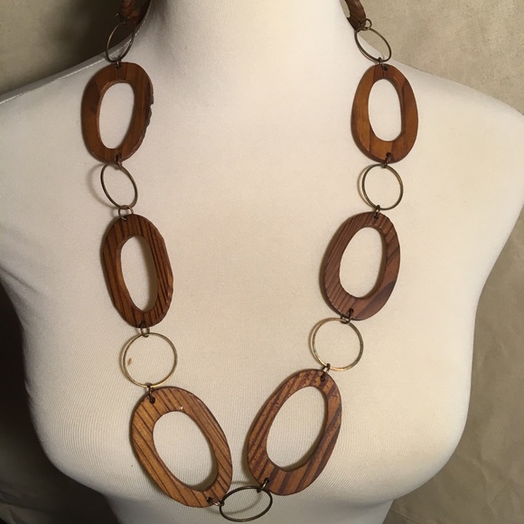 Retro boho mod Wood open ring necklace - Picture 2 of 4